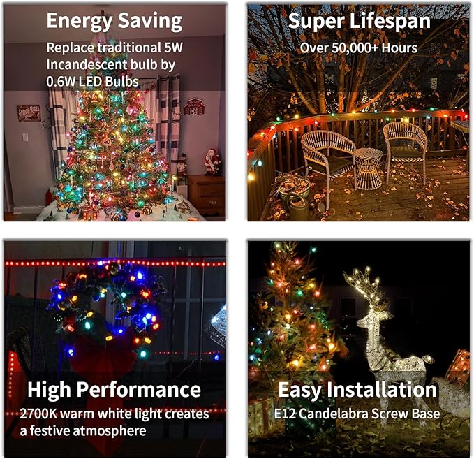 10FT C7 Christmas Lights, Multicolor LED Indoor String Lights with 10 Vintage Bulbs, for Xmas Tree, Window, Party Backdrop, Plug in with Green Wire