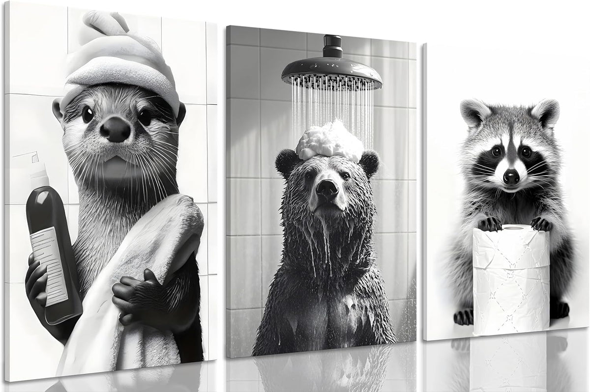 Regine Switzerland 3-Pc Framed Black & White Animal Bathroom Wall Art - Humorous Bear & Cute Raccoon Prints