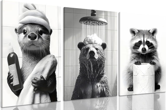 Regine Switzerland 3-Pc Framed Black & White Animal Bathroom Wall Art - Humorous Bear & Cute Raccoon Prints