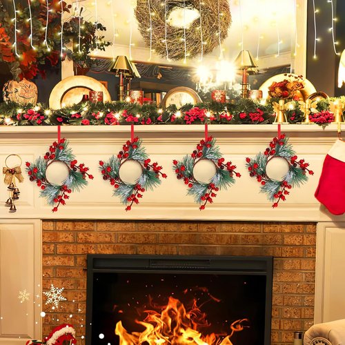 Christmas Candle Rings - Decorative Wreath Garland for 3" Dia Pillar Candles | Artificial Red Berries