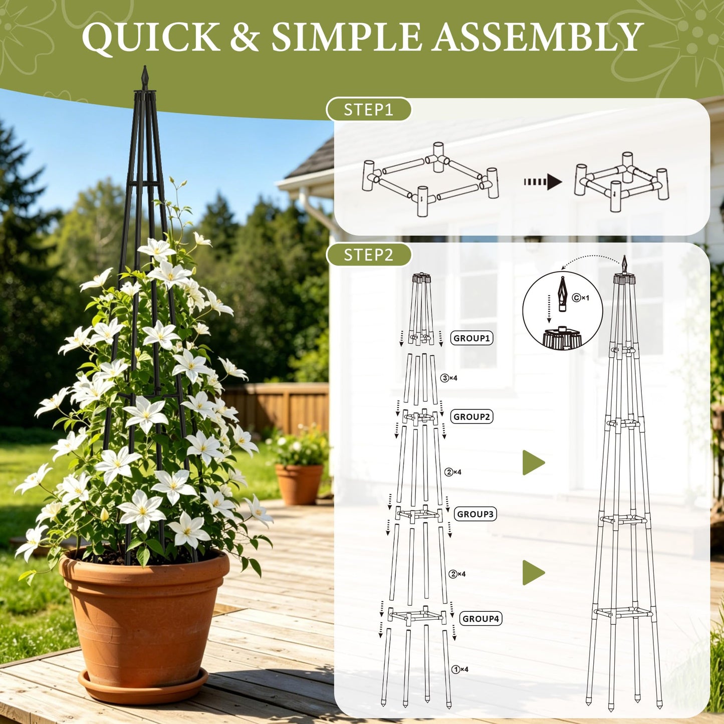Obelisk Trellis for Climbing Plants Outdoor,6 Ft Garden Trellis for Potted Plants, Metal Trellis with Anti-Rust Coated for Potted Plants Indoor, Plant Support for Vegetables, Vines