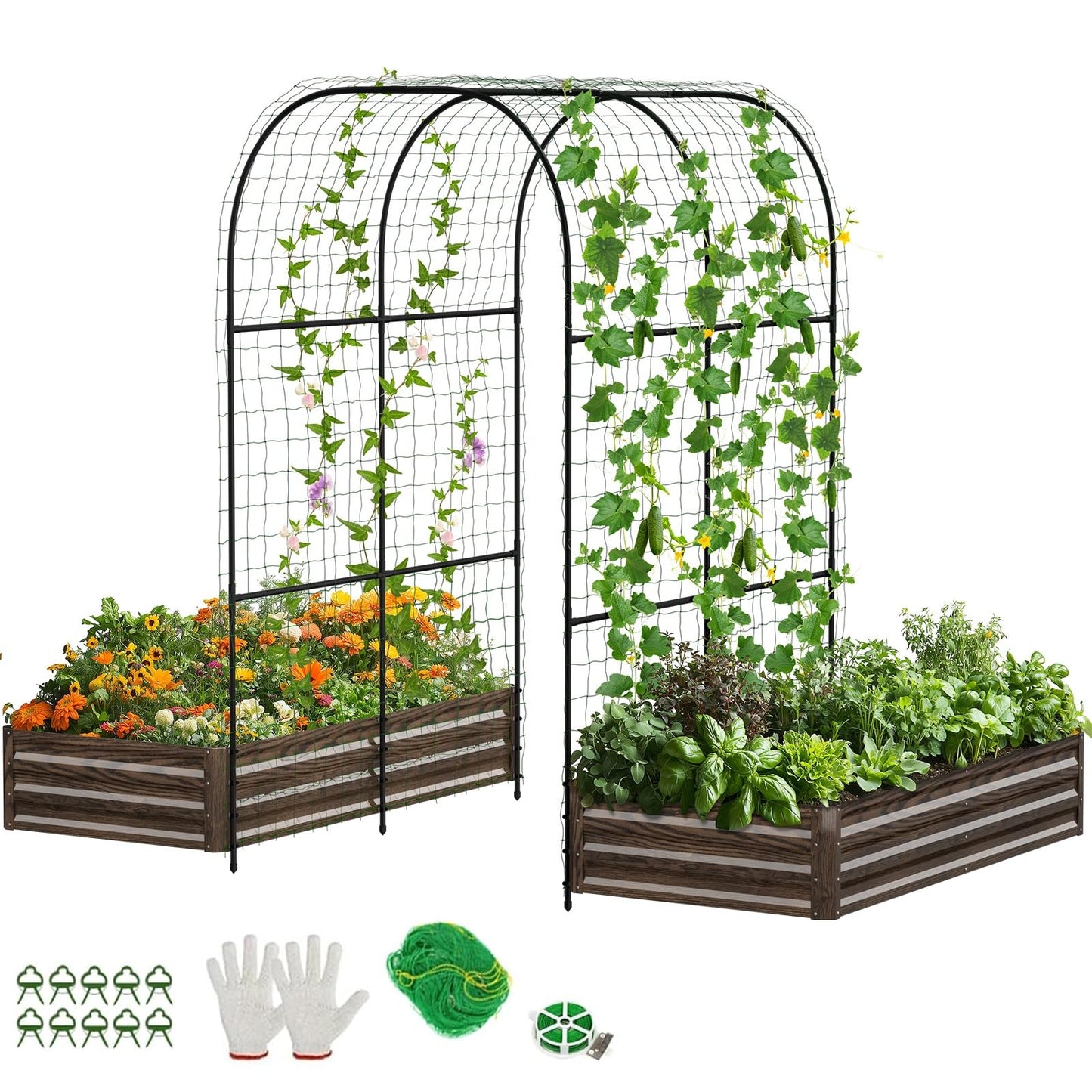 DoCred 3 in 1 Raised Garden Bed with 87in Tall Arch Trellis for Climbing Plants, Galvanized Planter Garden Box Outdoor for Gardening, Climbing Vegetables, Flower