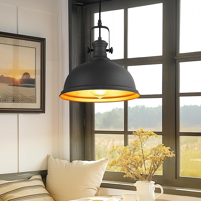 Pendant Lights Kitchen Island, Farmhouse Hanging Lights Fixtures with Metal Shade, Rustic Kitchen Pendant Lighting Over Island for Dining Room, Matte Black, AD-2151-1PL-BK