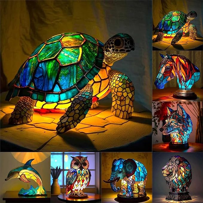 Mmoneyake Animal Table Lamp Series, Retro Table Lamp, Stained Wolf Horse Lion Elephant Dragon Dolphin Cat Owl Turtle Bedside Lamp Night Light, Tabletop Home Bedroom Decoration