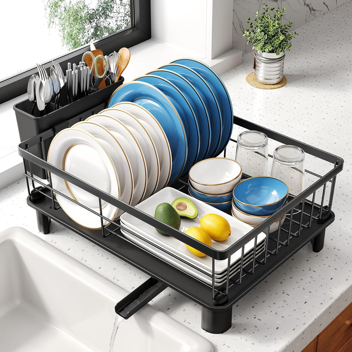 SNTD Dish Drying Rack - Stainless Steel Space-Saving Kitchen Rack with Utensil Holder | 11" W x 15" L (Black)