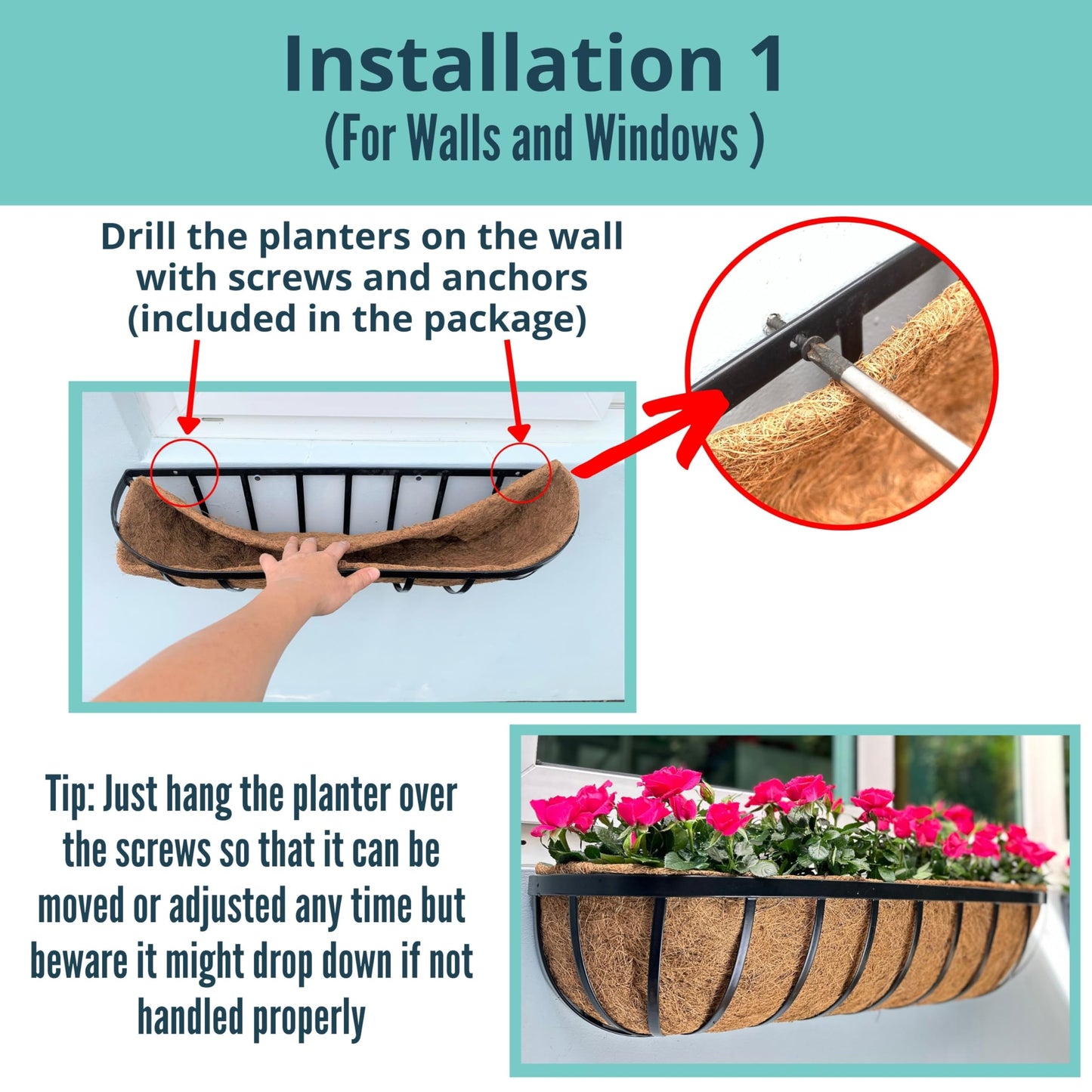 LaLaGreen Deck Railing Planter Boxes - 30 Inch, 4 Pack Wall Planters for Outdoor Plants, Window Flower Boxes Deck Railings with Coco Liners Metal Horse Troughs Fence Balcony Patio Porch Over Rail