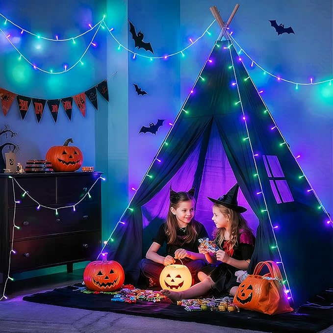 JMEXSUSS 2 Pack Purple and Green Halloween Lights, Total 200 LED 8 Modes Halloween String Lights Plug in, Each 33ft Connectable Christmas Lights Indoor Outdoor for Tree Porch Fireplace Decor