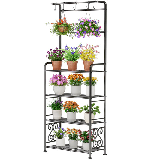 Plant Stand Indoor Outdoor Heavy Duty Metal - 68.4" Tall 4-Tier Shelf for Multiple Plants, Flowers, Rustproof Black Storage Rack for Patio, Balcony, Living Room, Garden, Includes Hooks&Adjustable Feet