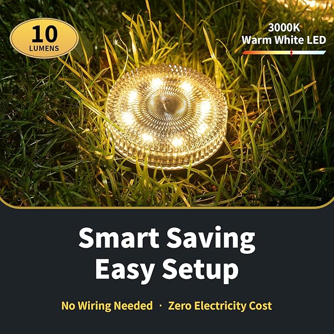 Glass Solar Ground Lights with Crystal Style, Modular-Design Waterproof In-Ground Light for Patio Pathway Lawn Yard Deck Walkway, Decorative Disk Lighting for Garden Bed, Warm White (8 Pack)