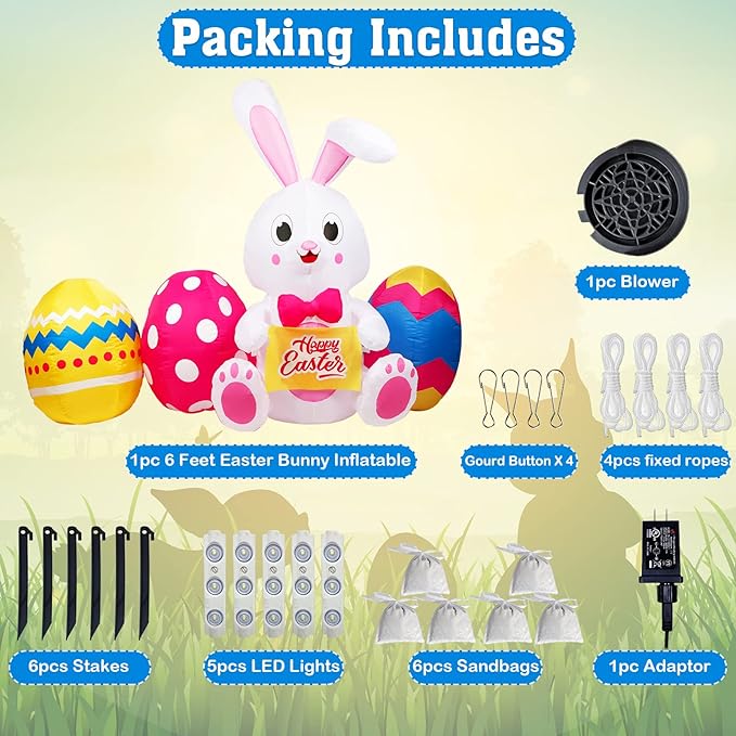 6FT Easter Inflatables Outdoor Decorations, Inflatable Bunny and Colorful Eggs Build-in 5 LEDs, Happy Easter Blow Up Yard Decorations for Home Holiday Party Outdoor Lawn Garden