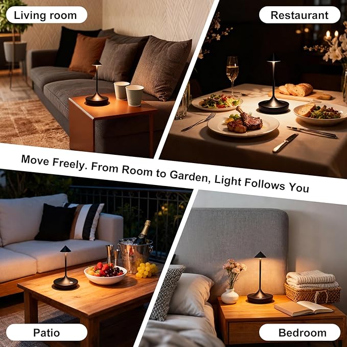 2-Pack Cordless Rechargeable LED Table Lamps, Metal, 3 Color Touch Stepless Dimmable, IP54 Waterproof Portable Battery Operated for Outdoor Dining Patio Restaurant Home Decor,Titanium