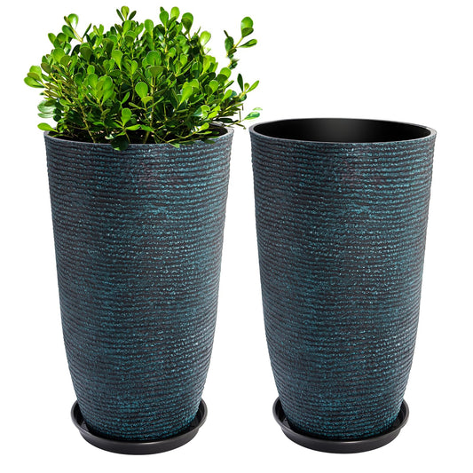 QCQHDU Set of 2 Large Tall Blue Planters with Saucer - 9 Gallon 12" Diameter x 21" H Faux Stone Round Pots for Indoor Plants, Outdoor Patio & Porch Decor, Heavy Duty Weatherproof Plant Containers