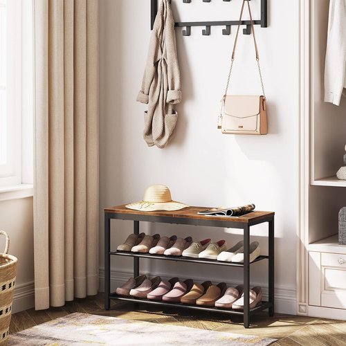 HOOBRO Shoe Bench - 3-Tier Industrial Shoe Organizer with Mesh Shelves - 29.5" Rustic Brown Entryway Storage