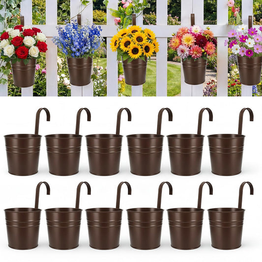 HowRU Hanging Flower Pots, Railing Planter Box for Outdoor Plants 12 Pack 5 Inch Metal Hanging Planters with Detachable Hooks Balcony Window Fence Garden Decoration Flower Boxes(Bronze(5in))