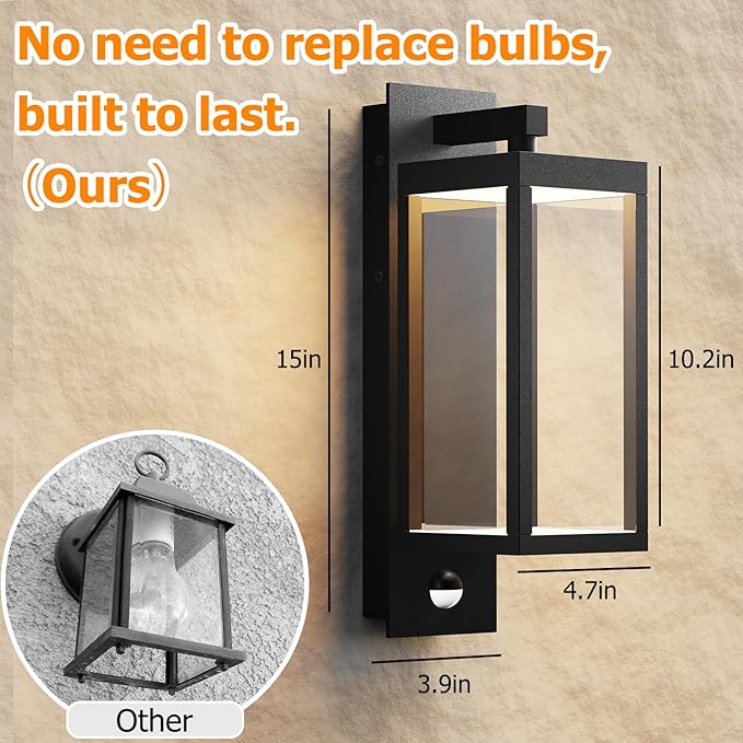 Outdoor Light Wall Sconce Motion Sensor Porch Light for House,15" LED Modern Exterior Lighting Fixture Black,Waterproof Outside Lantern with Clear Glass for Garage Patio Garden