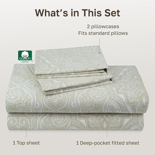 California Design Den 100% Cotton Full Size Sheet Set - 400 TC, Award-Winning Sateen Finish, Deep Pockets, Paisley Beige