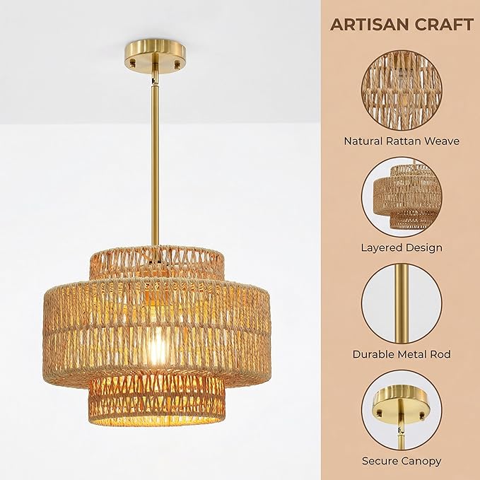 1 Light Pendant Lighting, Farmhouse Hanging Light Fixture for Kitchen Island & Dining Room, Industrial Vintage Ceiling Lamp with E26 Base, Adjustable Height, 12.4” Boho Rattan Chandelier
