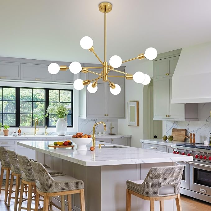 Sputnik Chandelier Modern Gold Chandelier Mid Century Ceiling Lighting Fixtures 10 Lights E26 for Living Room, Kitchen Island, Bedroom, Dining Room, and Farmhouse