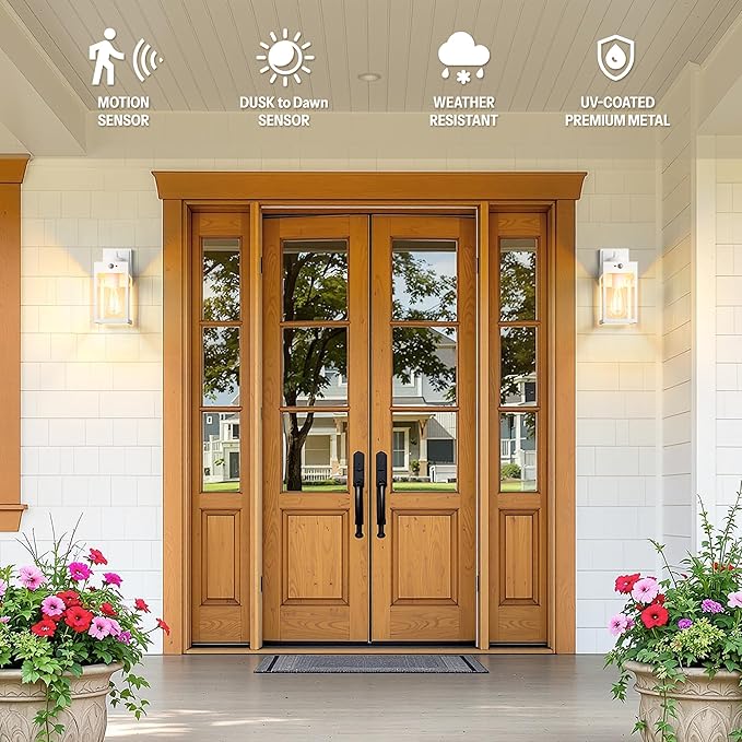 Gleamz 2-Pack White Motion Sensor Outdoor Light Fixtures Wall Mount, H11'' Modern Dusk to Dawn Exterior Wall Lantern for House Front Porch, Waterproof Outdoor Sconce Lights for Garage, Coach