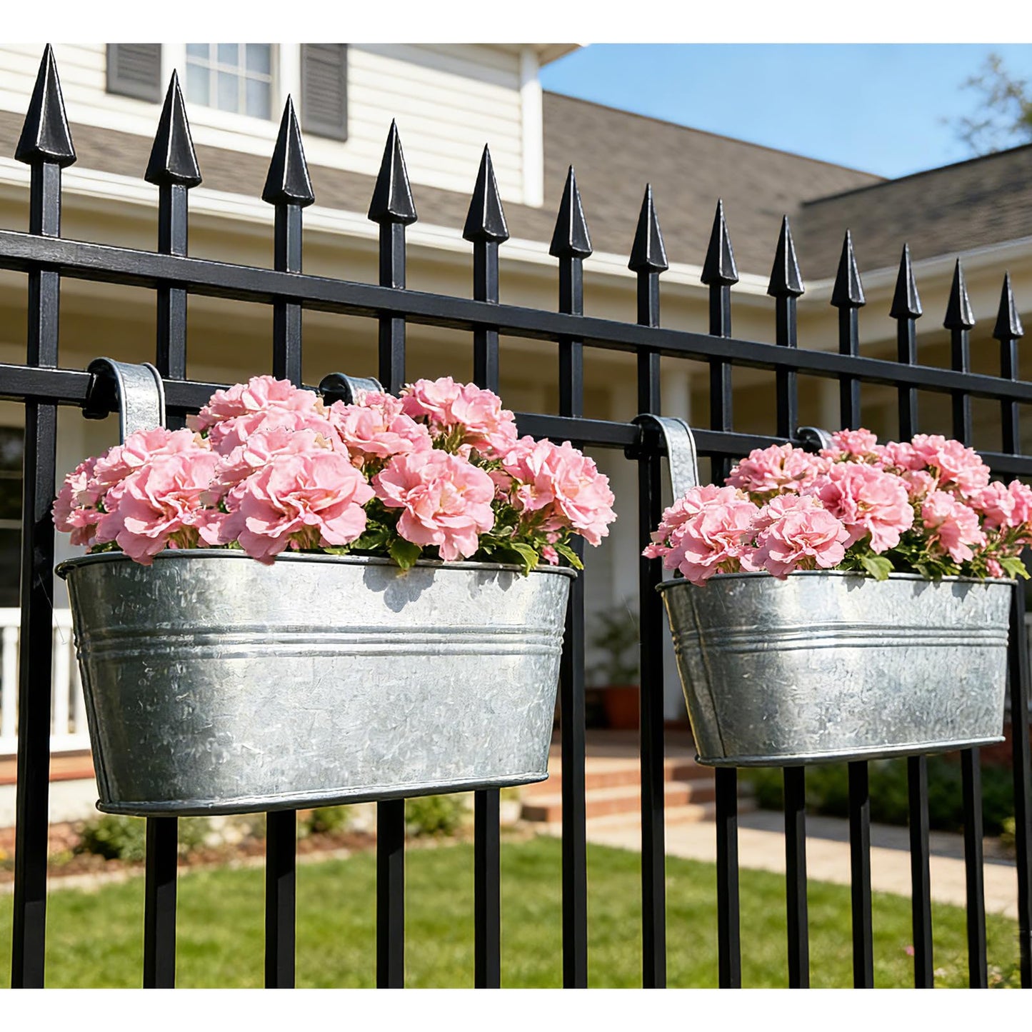 Joyfernal Balcony Galvanized Hanging Planters Railing Flower Pots, Outdoor Metal Fence Planter Pot with Detachable Hooks Drain Hole for Garden Patio Yard Decor (12 Inch, 2Pcs)