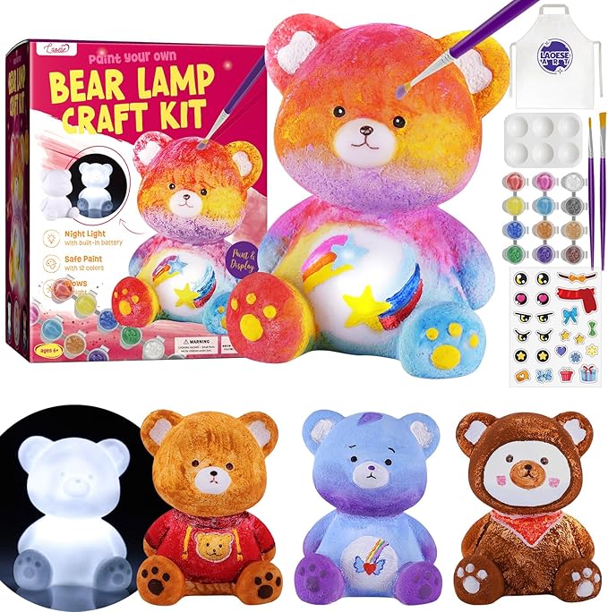 Paint Your Own Bear Lamp Kit, Art Supplies Bear Painting Kit for Kids 6-12, Arts and Crafts for Kids Ages 8-12, Bear Toy Girls Boys Birthday Easter Gifts for Kids Ages 3 4 5 6 7 8 9 10 11 12+