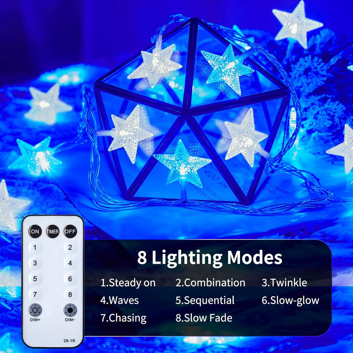 Minetom 33 ft Blue and White Star String Lights - 100 LED Fairy Lights with Remote, Timer & 8 Modes