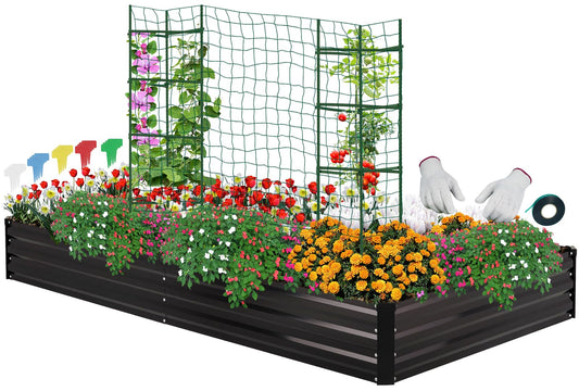 ONCEMORE Galvanized Raised Garden Bed for Vegetables Flowers Herbs, Metal Raised Garden Bed Kit with 2 PCS Tomato Cage, Gloves, Trellis Netting, Plant Labels, Plant Ties, Black 8×4×1FT