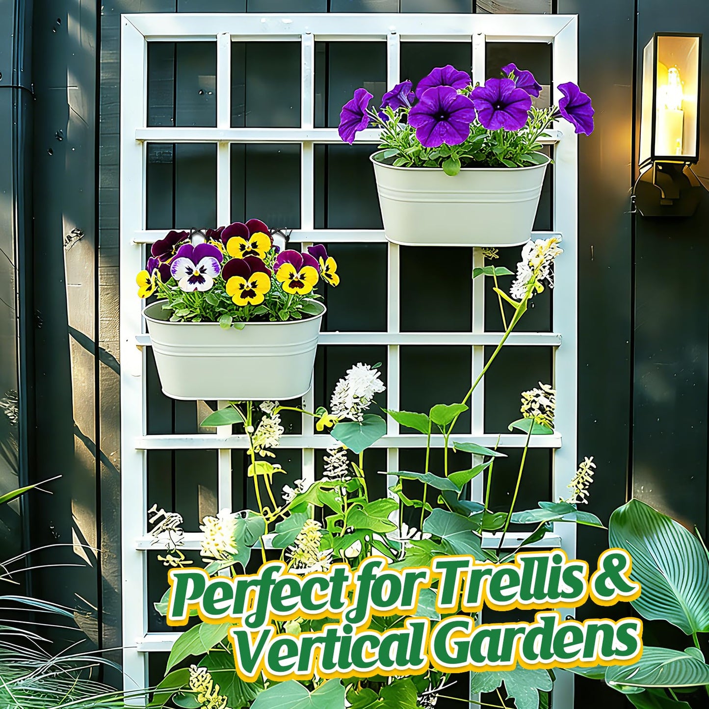 MADHOLLY Railing Planter with Drainage Holes - Sturdy Bucket Pots for Railing Fence, Countryside Style Metal Flower Pots for Herbs Balcony Garden Yard Decor, 2Pcs, White