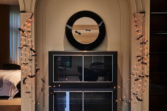 Hairui Lighted Halloween Garland with Bats Battery Operated with Timer, Black Garland with Lights 6FT 80 Orange and Warm White Fairy Lights 10 Functions for Wall Room Porch Halloween Decor