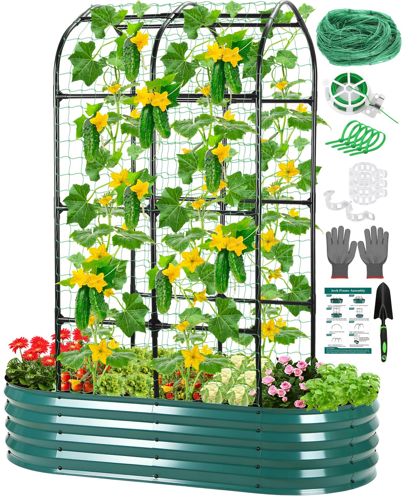 Raised Garden Bed with Arched Trellis, Galvanized Raised Garden Bed with Netting Plant Ties Gloves Trowel, Metal Planter Box Outdoor Drainage Design for Gardening Climbing Plant Vegetable Flower Fruit