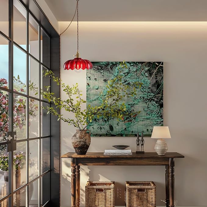 Plug in Pendant Light: Hanging Light Plug in Red Glass Hanging Lamp, Pendant Lighting for Kitchen Island, Bedroom, Dining Room, Living Room, E26 No Bulb
