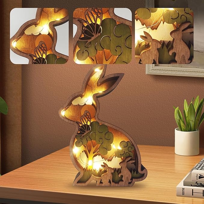 Drawelry 3D Wooden Animals Carving Home Decorative - Creative Wood Carved Lamp Farmhouse Wooden Animals Sculpture Ornaments Easter Birthday Gifts for Family Friend Son Dad (Rabbit, with Light)