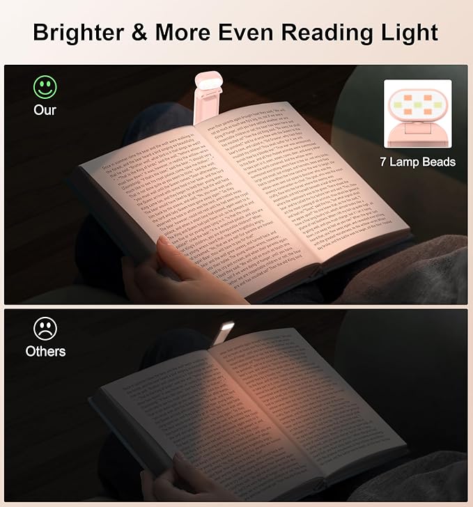 Gritin Reading Light, Rechargeable Book Light for Reading in Bed - Eye Caring 3 Color Temperatures, 5-Level Dimmable Brightness, Long Lasting, Compact Size Clip on Book Lamp for Bookworms-Pink