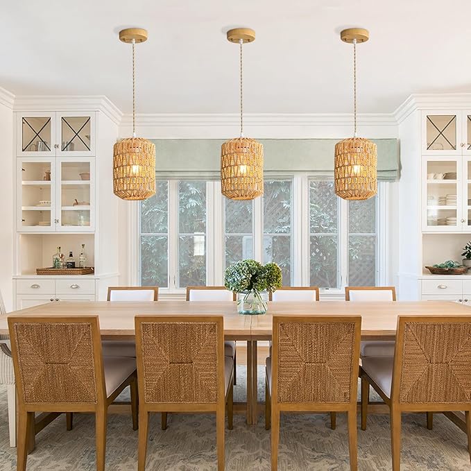 1-Light Rattan Pendant Light, Boho Light Fixture for Dining Room, Small Wicker Light Fixture, Rattan Chandelier Woven Hanging Light, for Kitchen Island Bedroom Hallway, ETL Listed