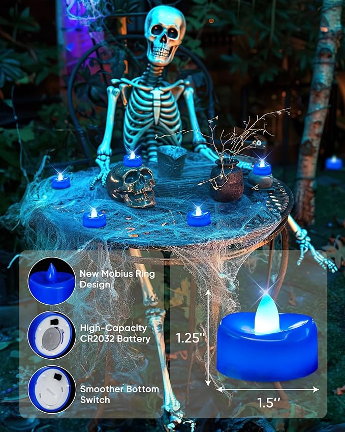 Flameless Candles, 24 Pack Tea Lights Candles Battery Operated, LED Tealight Candle, Realistic Tea Lights for Halloween Christmas Party Decor -D 1.5” x H 1.25” -Blue Candle