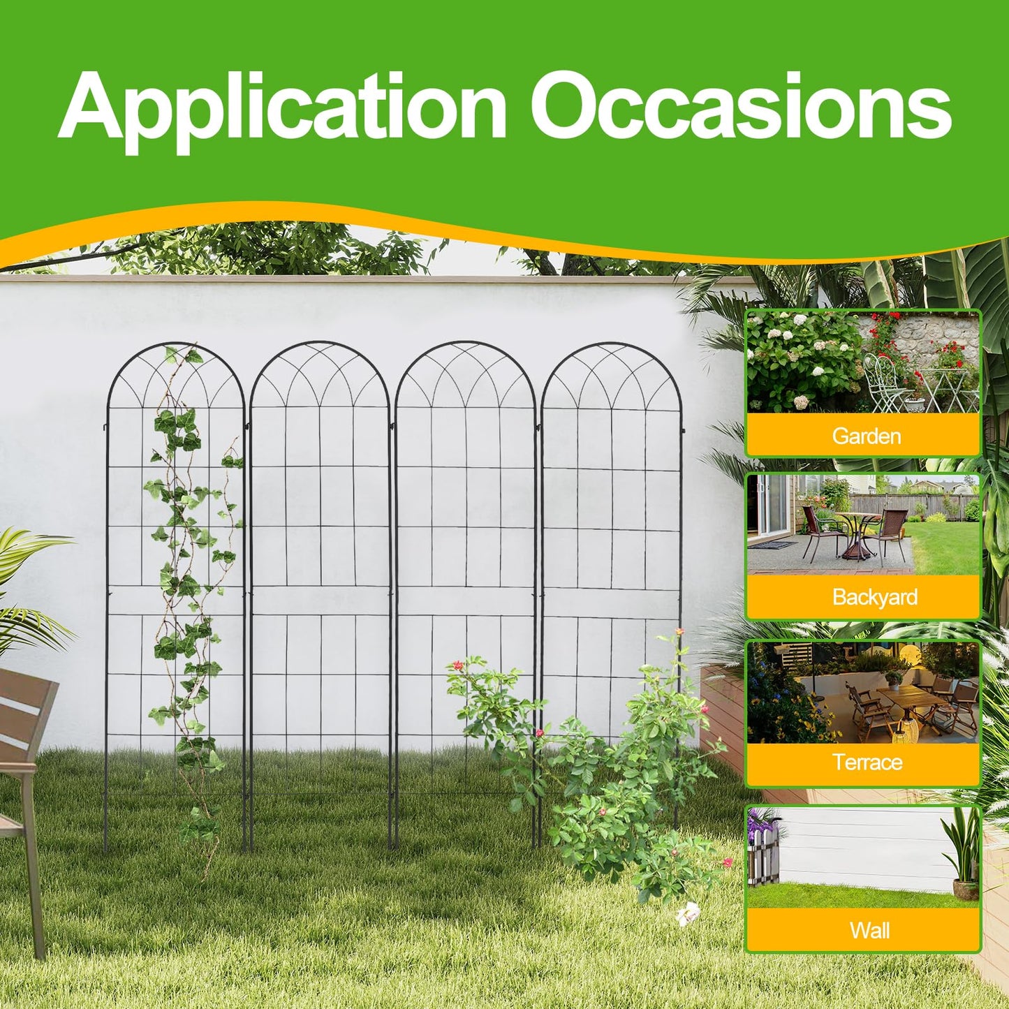 4 Pack 71x20inch Metal Rustproof Garden Trellis，Decorative Garden Fencing Flower Trellis with Black Metal Coating for Supporting Climbing Plants，Outdoor Roses, Vines, Flowers, and Vegetables