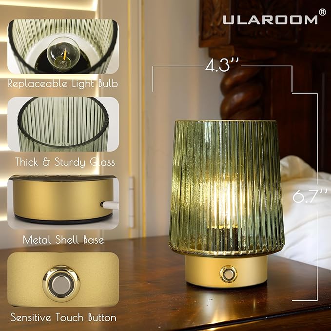 Cordless Lamp Rechargeable Battery Operated lamp, Glass Small Table lamp - Portable Dimmable Brightness Touch Wireless Bedside Lamp for Bedroom/Kitchen/Entryway/Home Living Room Decor Green