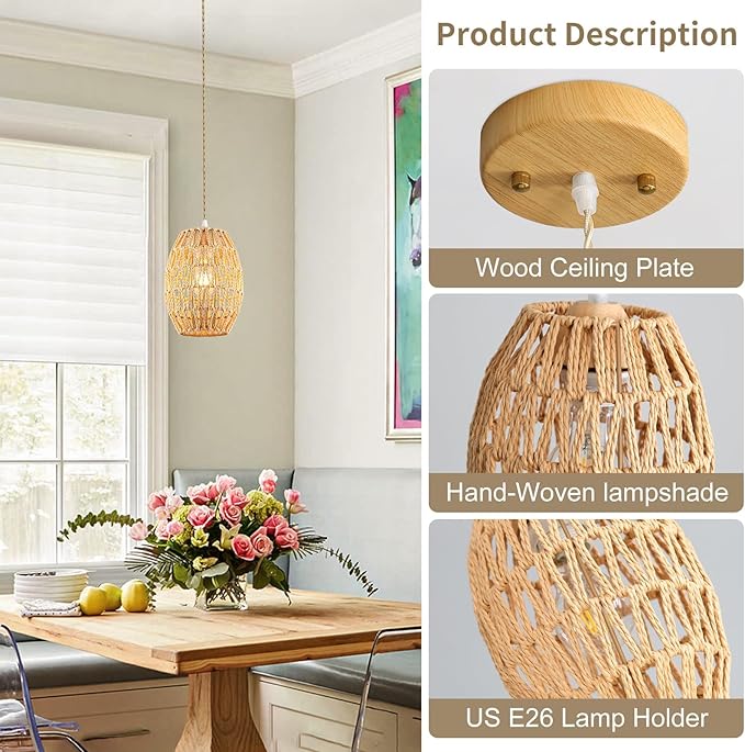 1-Light Rattan Pendant Light, Boho Chandelier Light Fixture, Small Wicker Light Fixture, Wicker Chandelier, for Bedroom Kitchen Island, ETL Listed