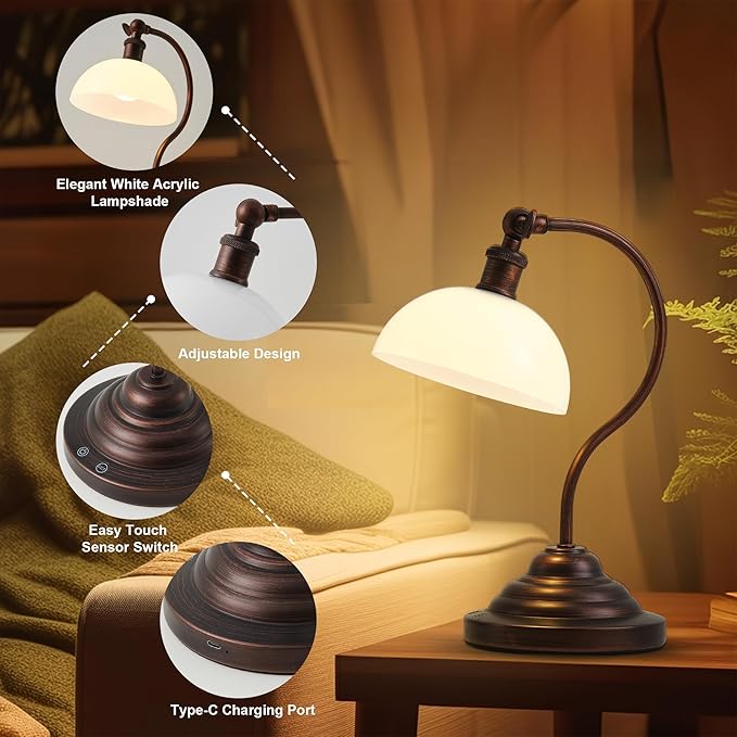 Cordless LED Table Lamp, Battery Operated Desk Lamps with Swing Arm & Plastic Shade, Vintage Small Rechargeable Dimmable Light for Bedroom, Living Room, Nightstand, Oil Rubbed Bronze
