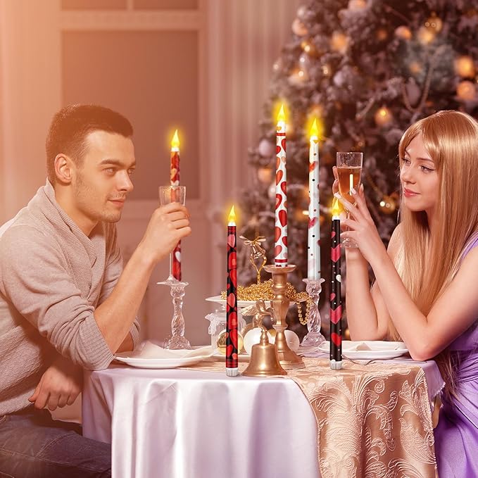 6 Pcs Valentines Day LED Flameless Candle Set Valentine Day Flameless Taper Candles with Heart Battery Operated Seasonal Celebration with Remote for Wedding Romantic Night