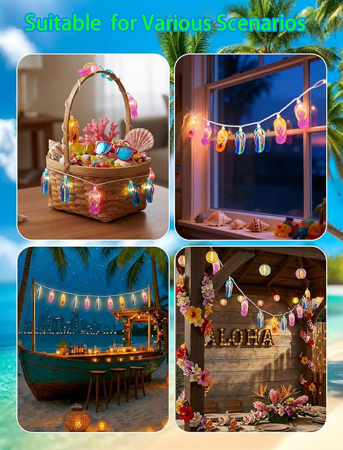 8.5Ft Summer Beach Themed Lights, 10L LED Flips Flops String Lights Plug in for Indoor and Outdoor Holiday Summer, Luau Aloha Hawaiian Tropical Party Décorations.