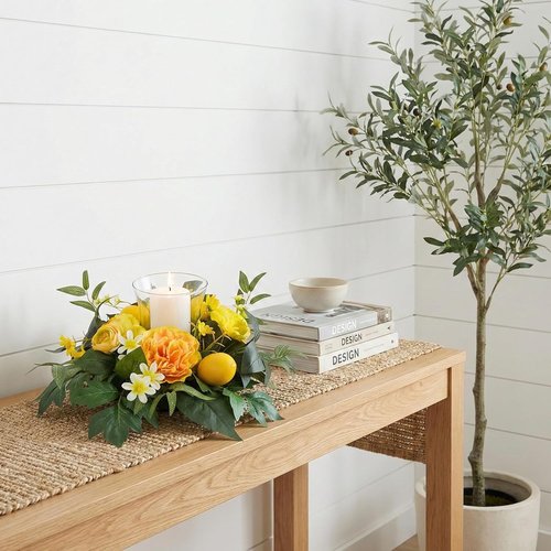 17 Inch Lemon Floral Centerpiece | Skiennix Glass Hurricane Candle Holder & Yellow Peony Wreath for Dining Table Decor