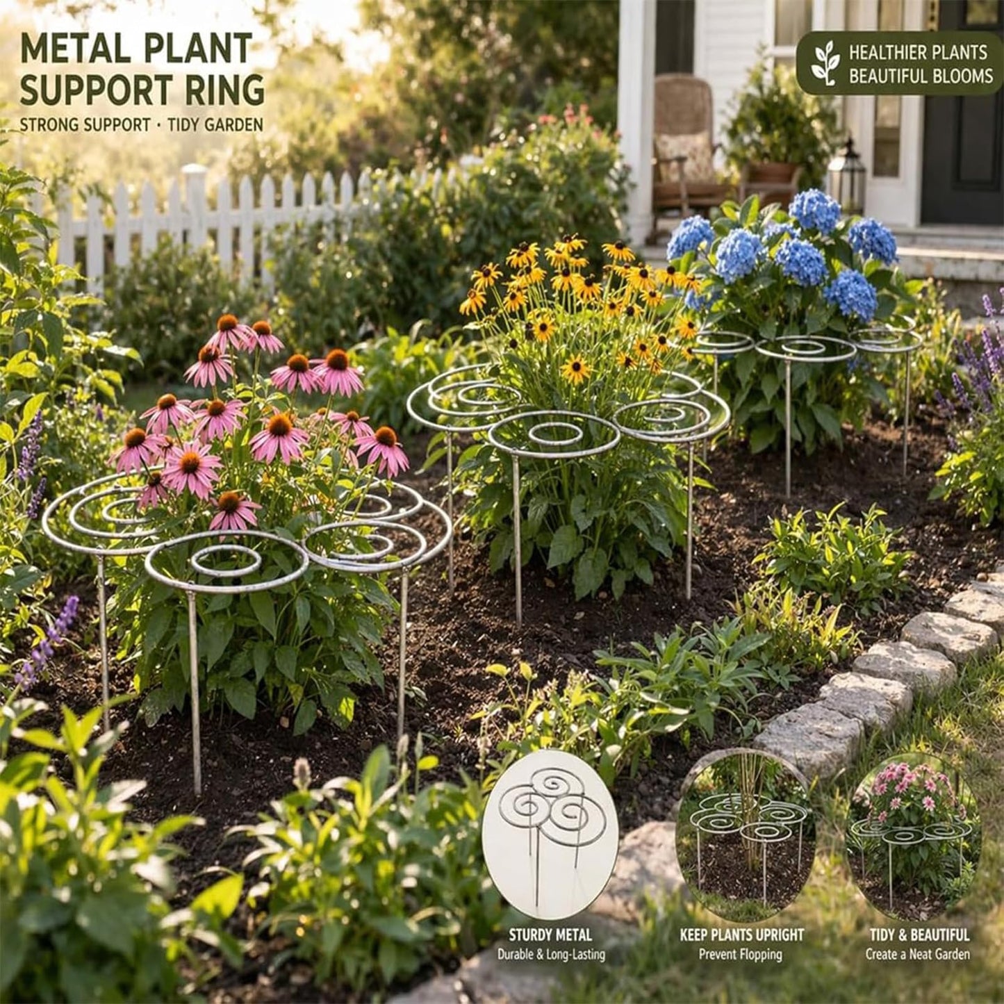 Metal Plant Support Ring for Peony Cages & Garden, Heavy Duty Metal Flower Stakes for Upright Growth, Decorative Grow Through Rings for Peonies, Roses, Hydrangeas, Tomatoes (2pcs, S)