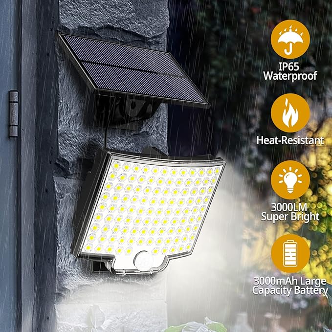Solar Lights Outdoor, 106 LED 3000LM Solar Powered Motion Sensor Flood Lights with Remote, Dusk to Dawn Led Solar Security Wall Lights with 16.5Ft Cable IP65 Waterproof for Outside, Garage, 1 Pack