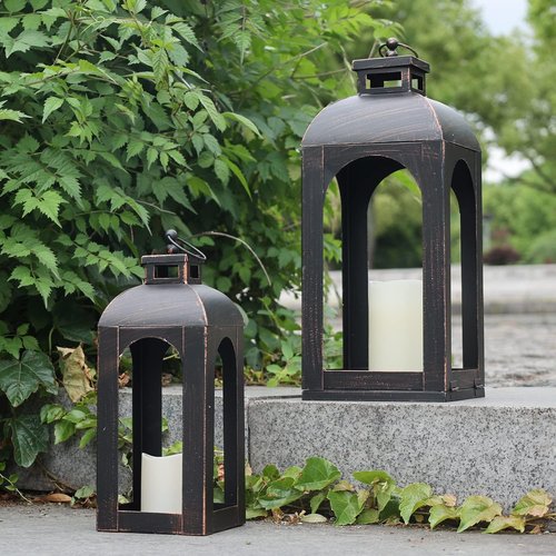 **DecorKey LED Lantern Set - Vintage Black Metal Decorative Lanterns for Indoor & Outdoor Use | 17” & 13” Sizes**
