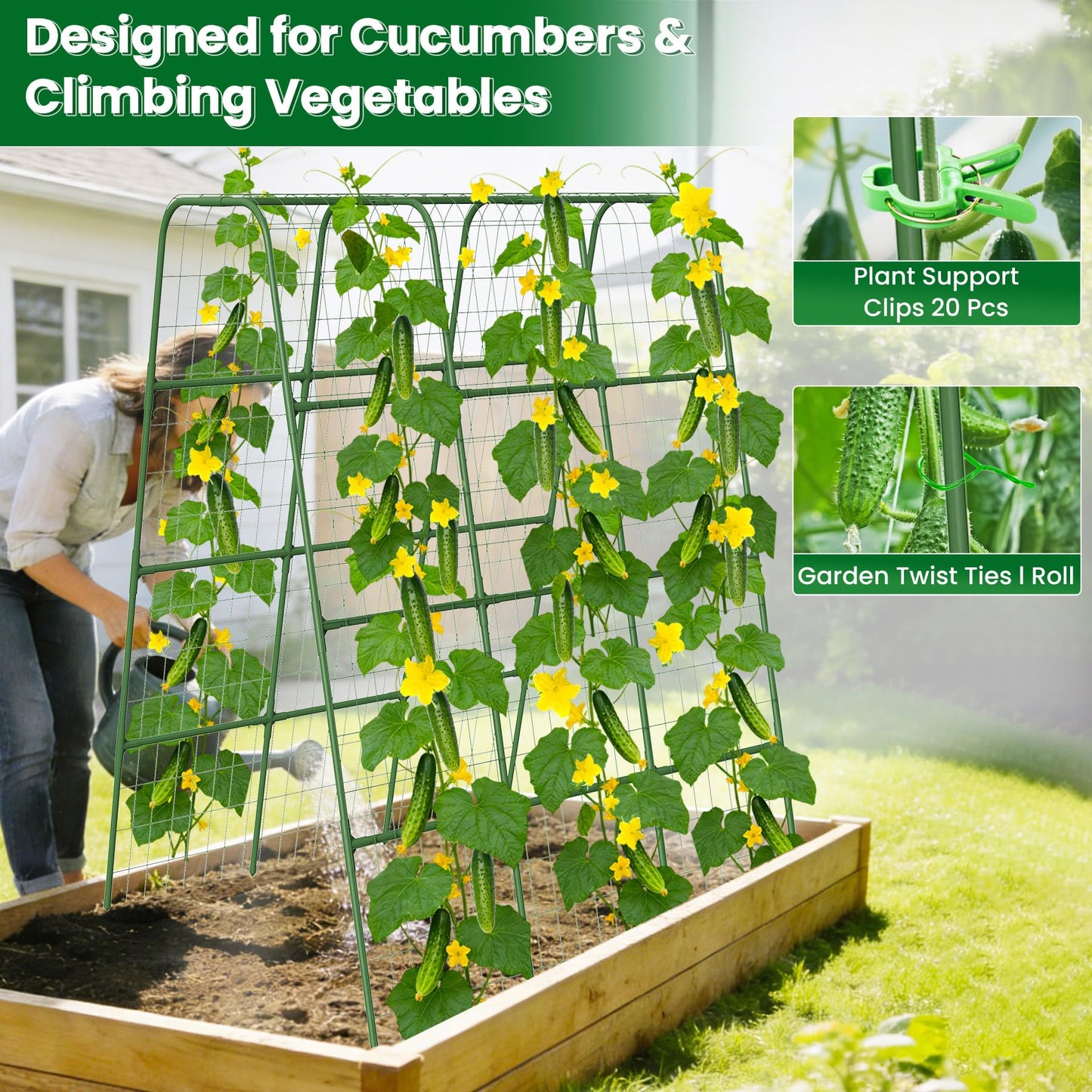Garden Trellis for Cucumbers, 63” Tall Plant Trellis with 16mm Heavy Duty Frame, U-Shaped Arch with Netting, Includes 20 Clips, Metal Climbing Support for Raised Beds & Vegetables