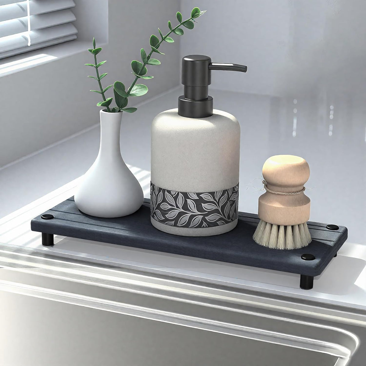 Skiennix Quick Dry Sink Caddy - Water Absorbing Stone Tray & Faucet Mat | Kitchen & Bathroom Organizer