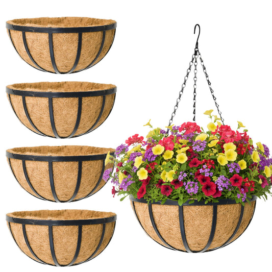KIDYBELL 4 Pack 14 Inch Round Hanging Basket with Coco Liners， Metal Hanging Baskets for Plants Outdoor， Hanging Planter with Chain Garden Products for Outdoor, Porch, Lawn, Garden