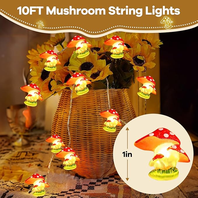 Mushroom Decor Cottage Core Decor 10FT 30LEDs Mushroom String Lights Battery Operated for Kids Gifts Bedroom Dorm Party Wedding Outdoor Patio Whimsical Decoration