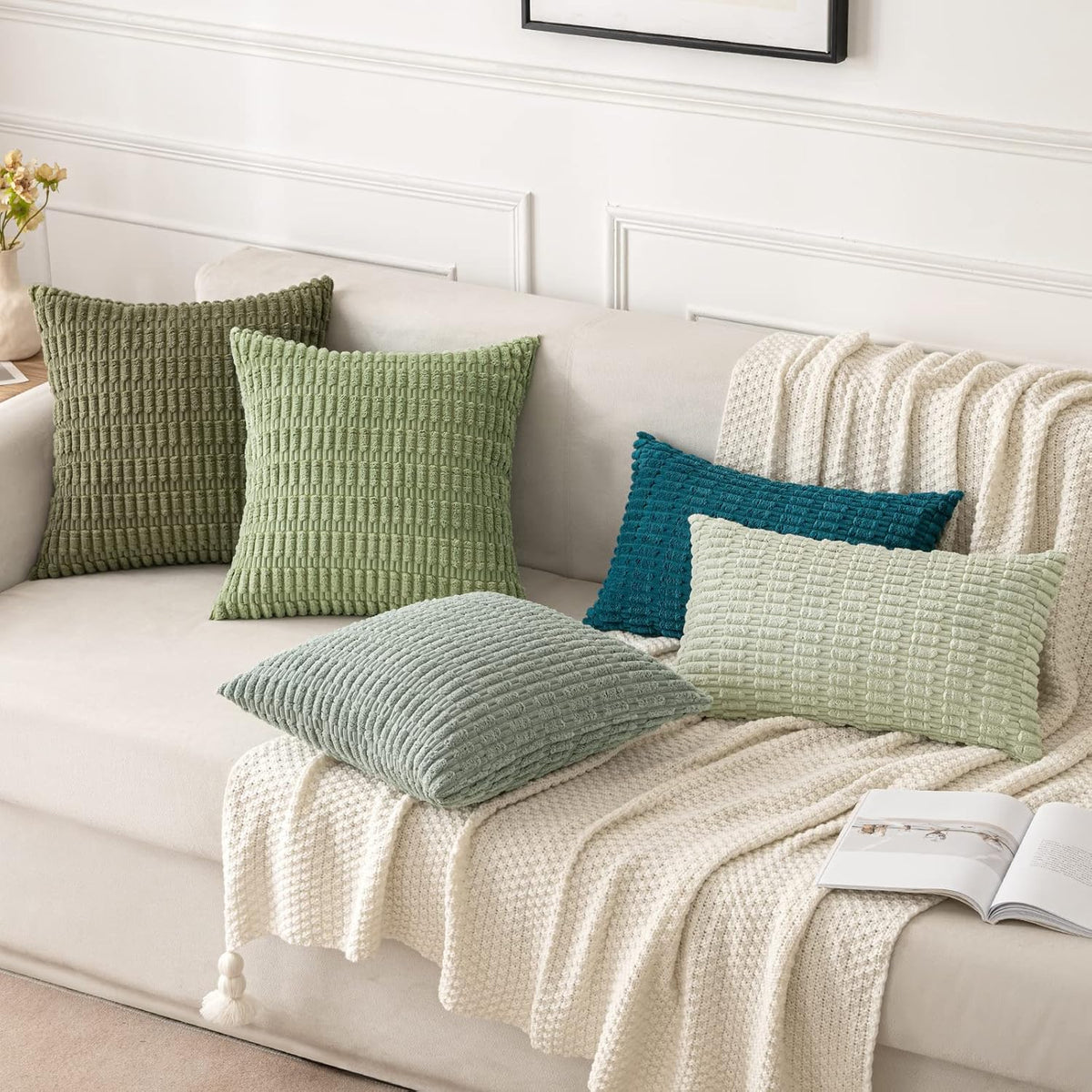 MIULEE Decorative Throw Pillow Covers - Soft Boho Striped Corduroy | Pack of 2, 12x12 Inch, Greyish Green